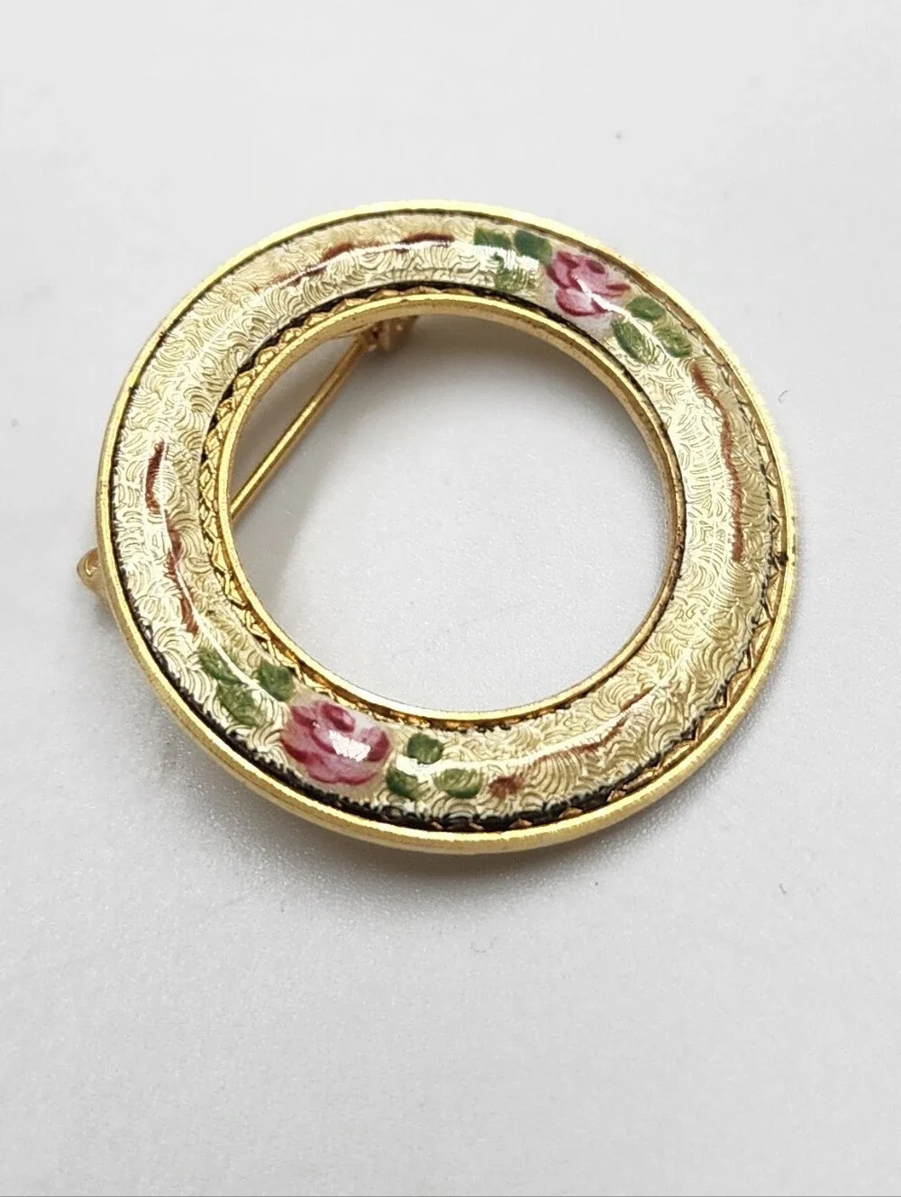 Vintage guilloche enamel circle floral brooch Gold Tone Pin VTG 1